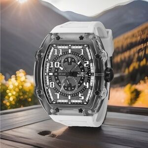 Invicta Racing Cyclone Men's 48.5MM Dark Grey Clear Case,White Silicone Band-New